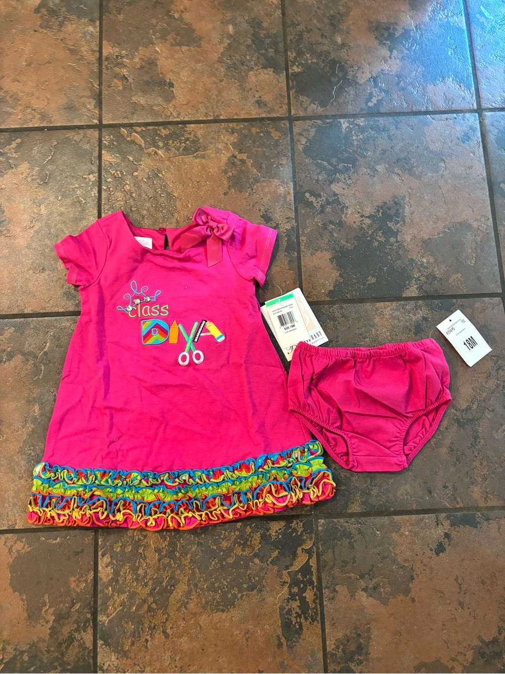 🐝Bonnie Jean Hot Pink 'Class Diva' Ruffle Swim Dress with Matching Bloomers